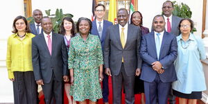 President William Ruto and World Bank Regional Vice President for Eastern and Southern Africa Victoria Kwakwa (in green) alongside other World Bank officials at State House Nairobi on February 7, 2023.