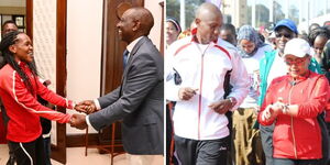 From left to right: A photo collage of World Record Holder Faith Kipyegon (left), President William Ruto, retired marathoner Douglas Wakiihuri and former First Lady Margaret Kenyatta. 