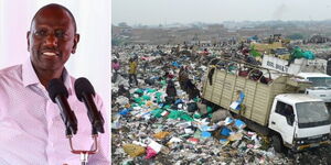 Photo collage of President William Ruto speaking and Dandora dumpsite in Nairobi County