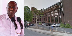 Photo collage of President William Ruto speaking and a building in UK hosting international companies
