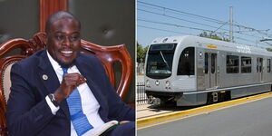 A photo collage of Nairobi governor Johnson Sakaja at his office in Nairobi county (left) and a metro light train in the US (right).