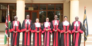An image of the Supreme Court Judges of Kenya led by Chief Justice Martha Koome(Centre).  