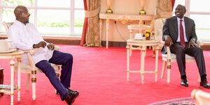 President William Ruto meets President Yoweri Museveni of Uganda in Uganda's State House on April 27, 2023.