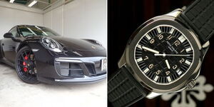 A collage image of a Porsche car parked at a garage (left) and a Patek Philippe aquanaut watch (right).