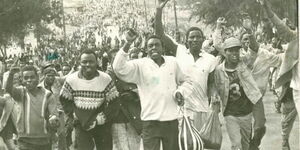 Demonstrators pictured in Nairobi during the first ever Saba Saba rally on July 7, 1990