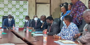 Murang'a County Woman Representative Sabina Chege appears before IEBC Electoral Code of Conduct Enforcement Committee accompanied by Siaya Senator James Orengo, Narok Senator Ledama Ole Kina, MP Gladys Wanga and MP Otiende Amollo on Tuesday, February 15, 2022.