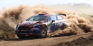 Manvir Baryan navigated by Drew Sturrock driving Ford Fiesta goes through the competitive stage at Chemweno farm in Moi Ben, Uasin Gishu during the KCB Eldoret Rally on October 08, 2016.