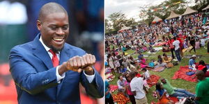 A collage image of Nairobi Governor Johnson Sakaja (left) and Nairobi residents at a past festival (right).