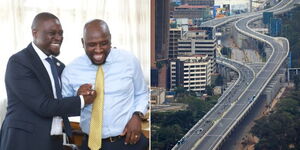 A photo collage of Nairobi Governor Johnson Sakaja and Transport CS Kipchumba Murkomen in Nairobi on March 9, 2023 (left) and the Nairobi Expressway Section along the CBD (right).