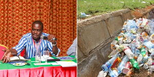 Photo collage between Nairobi Governor Johnson Sakaja and trash at a park adjacent to Uhuru Park