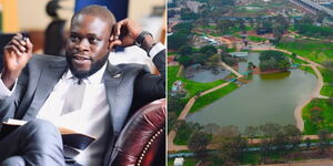 Nairobi Governor Johnston Sakaja at a meeting at his offices on August 2, 2023 (left) and an aerial review of the refurbished Uhuru Park (right). 