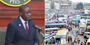 A collage image of Nairobi Governor Johnson Sakaja addressing the media on January 5, 2022  (left) and long distance buses within the CBD (right).