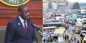 A collage image of Nairobi Governor Johnson Sakaja addressing the media on January 5, 2022 (left) and long distance buses within the CBD (right).