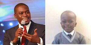 A photo collage of Nairobi Governor Johnson Sakaja addressing a past event and his look-alike pupil 