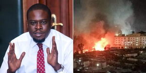 A photo collage of Nairobi Governor Johnson Sakaja (left) fire razing a building in Kibra on March 27, 2023.