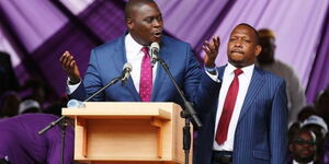 Nairobi governor Johnson Sakaja and former county boss, Mike Sonko, at a past function. 