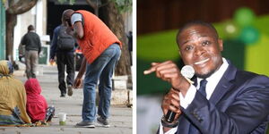 A photo Collage of a man donating to a street family and Sakaja at a Past event