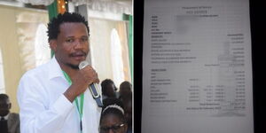 A photo collage of Mumias East Member of Parliament Peter Salasya (left) and his February payslip(right).