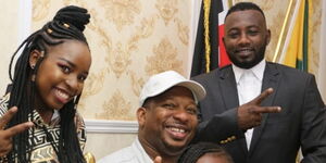 Former Nairobi Governor Mike Sonko poses with his daughter Saumu Mbuvi and Senator Anwar Loitiptip