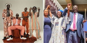 Photo collage between Sauti Sol band and Sabina Chege, Martha Karua and Raila Odinga at KICC on Monday May 16, 2022
