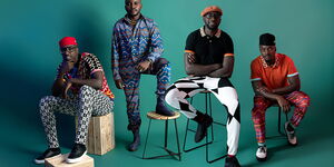 Left to right: Sauti Sol Band members Bien-Aimé Baraza, Willis Chimano, Polycarp Otieno and Savara Mudigi  starring on Maisha Magic show Sauti Sol Family.