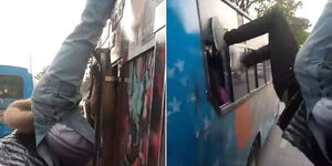 Screengrabs of two individuals hanging dangerously on a matatu in Nairobi