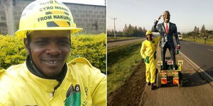 Sculptor Silas Wanjeru outside William Ruto's home in Karen (left) and the artist transporting the sculptor from Nakuru