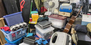 Second hand household items on display.