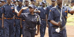 Security guards march during Labour Day celebrations at 64 Stadium in Eldoret town, Uasin Gishu County on May 1, 2016. 