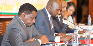 Senate Minority Leader James Orengo (left) and his counterpart Kipchumba Murkomen presenting their proposed amendments at Laico Regency on March 10, 2020.