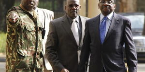 Senators James Orengo (right) and Johnstone Muthama leave former Inspector-General of Police David Kimaiyo’s office at Jogoo House in Nairobi on July 2. 2014