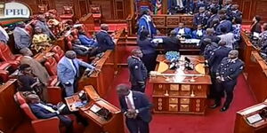 Azimio la Umoja Senators cause chaos after they were kicked out by Deputy Speaker of the Senate Kathuri Murungi on Wednesday, February 22, 2023. 