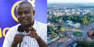 Photo collage between businessman Cleophas Shimanyula and aerial view of Kakamega Town