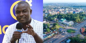 Photo collage between businessman Cleophas Shimanyula and aerial view of Kakamega Town