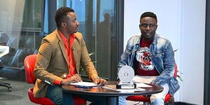 KTN presenters Hassan Umar (left) and Shuga Boy (right) on the set of Habari Za News on July 3, 2020.