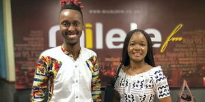 Frank the Deejay(left) and presenter Mercy Mmbone Siahi at Milele FM on January 29, 2023