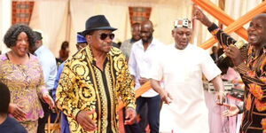 Siaya Governor James Orengo (centre) together with Rarieda MP Otiende Amollo (right) during dowry negotiations of Michael Orengo in Vihiga County on September 9, 2023