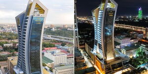 Side by side photos of CBK Pension Towers during daytime and with dazzling night lights.