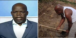 A collage image of seasoned journalist Odeo Sirari giving his views as part of a panel at KTN News and him working on his farm.