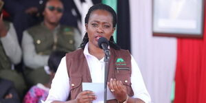 Environment CS Soipan Tuya speaking during the pass-out parade of Kenya Forest Service (KFS) recruits in Nakuru County on October 11, 2023.