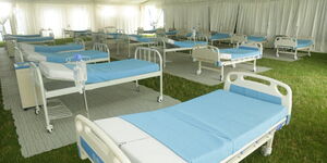 Some of the beds placed within the Covid-19 emergency treatment tent at the Machakos Stadium, April 20, 2020