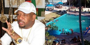 Photo collage between Mike Mbuvi Sonko and One of the swimming pools in his Beach Resort