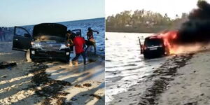 Scenes when the Toyota Landcruiser V8 caught fire at Shelly Beach, Likoni on October 20, 2020.