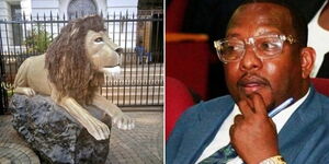 A collage of Nairobi Governor Mike Sonko and a lion statue erected outside City Hall 