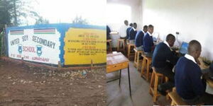 Photo collage of Soy United Secondary School at students at a classroom