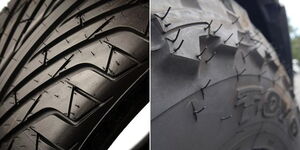 Photo collage of spew vents on different car tyres