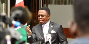 Sports CS Ababu Namwamba addressing the media on Monday, November 28, 2022