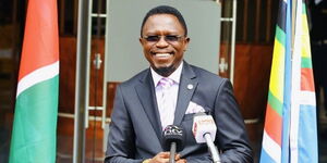 Sports CS Ababu Namwamba addressing the media on Monday, November 28, 2022