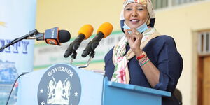 Sports CS Amina Mohamed speaking during the ground breaking ceremony of Jomo Kenyatta International Stadium at the ASK Kisumu Showground in Mamboleo, Kisumu County on June 24, 2020.