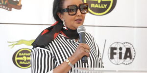 Sports CS Amina Mohammed speaking during the commissioning of the Safari Rally Kenya Service Park at KWS Training Institute in Naivasha on November 26, 2020